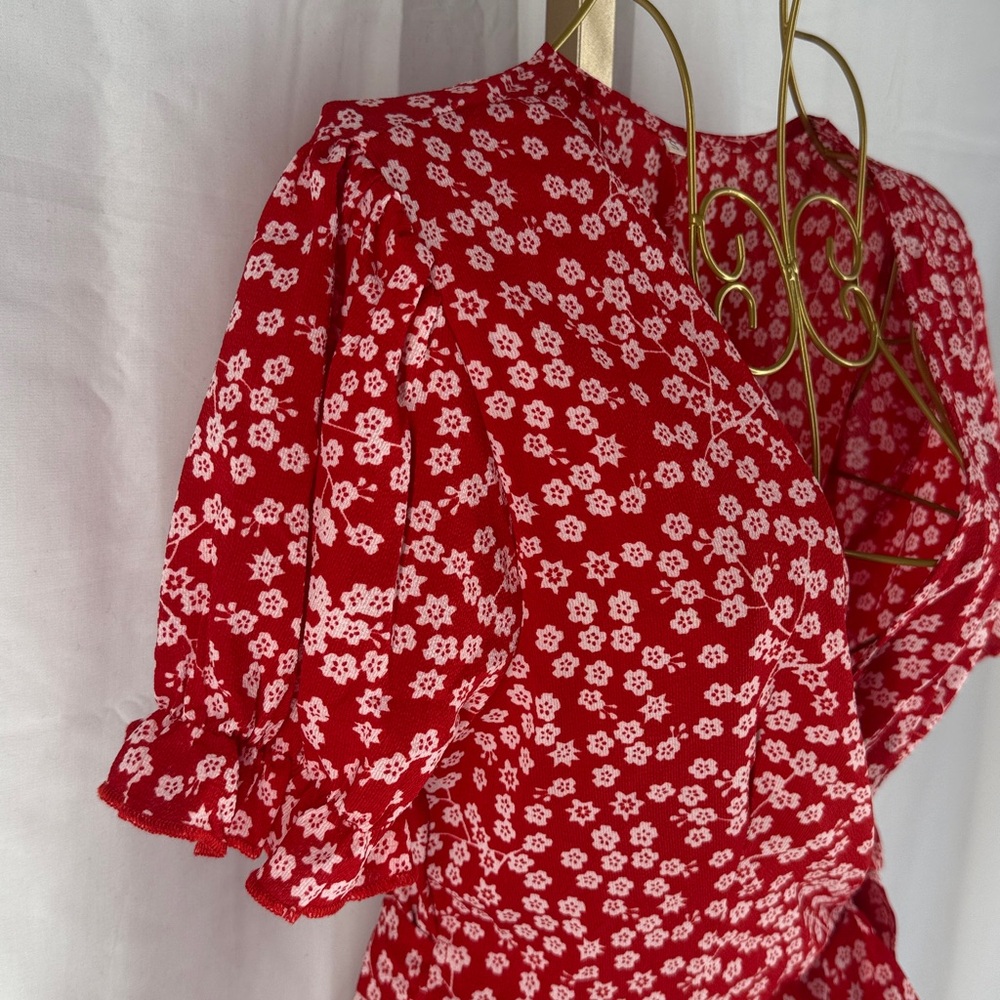 Red Floral Crepe Wrap Dress with Ruffle Sleeves - Small - Picture 6 of 15